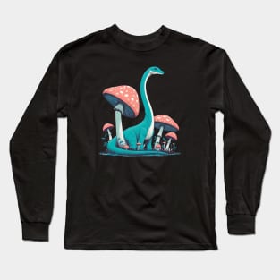 Cute simple Dinosaur Brontosaurus in Mushroom Garden Long Sleeve T-Shirt